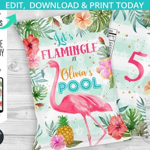 Flamingo Chips Täschchen, Pool-Party, Let's Flaming Snacks Leckerlibeutel, Chips Beutel, Wrapper, tropische Ananas, Vorlage für jedes Alter. 044HPA 17 D