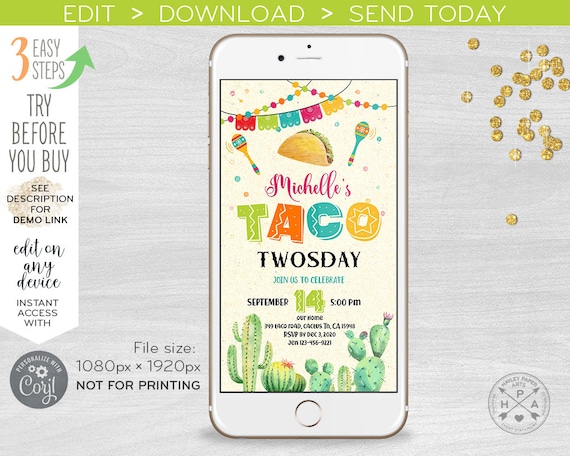 Taco twosday electronic 2nd birthday party invitation second fiesta. Let's taco 'bout Smartphone e-vite digital invite 400HPA E116 03 116HPA Il_570xn