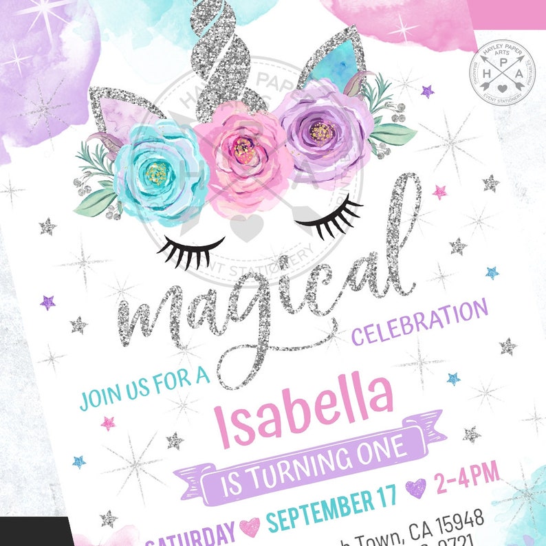 May include: A glittery silver unicorn with a pink, purple, and blue floral crown. The text "magical celebration" is written in silver glitter. The text "Join us for a Isabella is turning one Saturday September 17 2-4PM" is written in pink, purple, and blue.