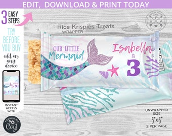 Mermaid tail krispies treats wrapper label, mermaid favors, any age birthday party krispie treat editable template. 060HPA 32 A