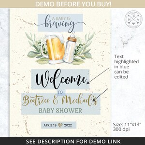 May include: A baby shower invitation with a blue and white background. The invitation features a beer mug and a baby bottle with a green leafy design. The text reads "A baby is brewing" and "Welcome to Beatrice & Michael's Baby Shower". The date of the shower is April 19, 2022.