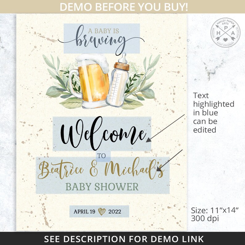 May include: A baby shower invitation with a blue and white background. The invitation features a beer mug and a baby bottle with a green leafy design. The text reads "A baby is brewing" and "Welcome to Beatrice & Michael's Baby Shower". The date of the shower is April 19, 2022.