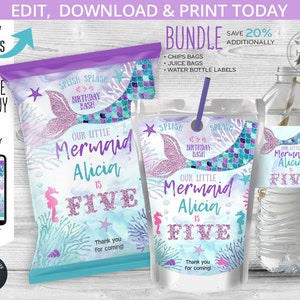 May include: Printable mermaid-themed party supplies, including chip bags, juice boxes, and water bottle labels. The design features a purple and blue mermaid tail with glitter accents, and the text "Our Little Mermaid Alicia is Five".