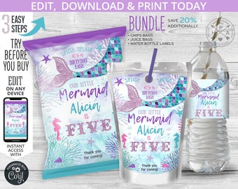 May include: Printable mermaid-themed party supplies, including crisp bags, juice boxes, and water bottle labels. The design features a purple and blue mermaid tail with glitter accents, and the text "Our Little Mermaid Alicia is Five".