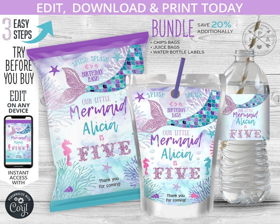 BUNDLE Mermaid chips bag, juice bags, water bottle labels, snacks treat, chips pouch, wrapper, any age birthday. Editable template 060HPA 20 Il_570xn