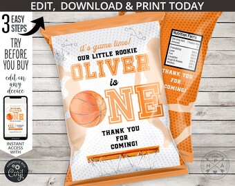May include: Orange and white printable chip bag design for a first birthday party. It features a basketball hoop, a basketball, and the text "It's game time! Our little rookie Oliver is one. Thank you for coming!"