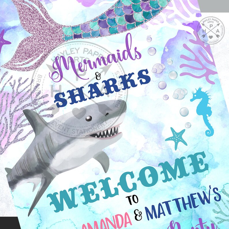 May include: A watercolor-style invitation for a mermaid and shark themed party. The invitation features a purple and blue mermaid tail, a gray shark, and the text "Mermaids & Sharks Welcome to Amanda & Matthew's Party".