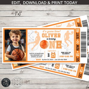 Invitation pour un billet de basket-ball 1er anniversaire, premier garçon, toutes les étoiles ONE, activités de temps pour les jeux de ballon. Modèle de carte modifiable. 218HPA 33 F
