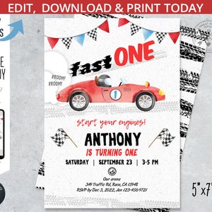 May include: A red race car birthday party invitation with a watercolor illustration of a red race car with a checkered flag and the text "fast ONE". The invitation is for Anthony's first birthday party and includes the date, time, and location of the party.