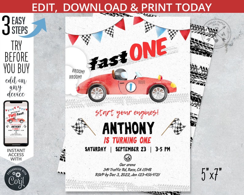May include: A red race car birthday party invitation with a watercolor illustration of a red race car with a checkered flag and the text "fast ONE". The invitation is for Anthony's first birthday party and includes the date, time, and location of the party.