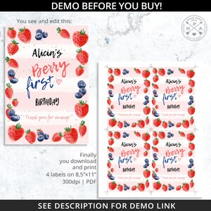 May include: Four printable labels featuring a watercolour illustration of strawberries and blueberries surrounding the text "Alicia's Berry First Birthday" with the words "Thank you for coming!" at the bottom. The labels are designed for 8.5 x 11 inch paper and are 300 dpi.