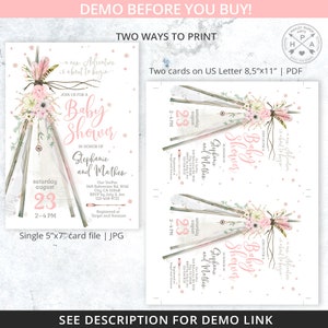 Puede incluir: Una invitaci&oacute;n imprimible para una baby shower con un dise&ntilde;o de tipi rosa y blanco. La invitaci&oacute;n presenta un dise&ntilde;o floral y el texto "&Uacute;nete a nosotros para una Baby Shower en honor a Stephanie y Mathew".