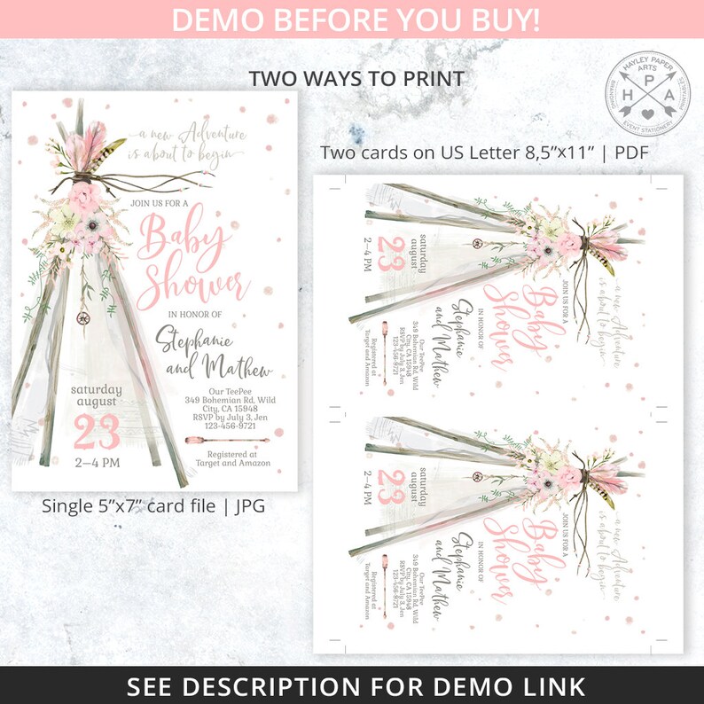 Puede incluir: Una invitaci&oacute;n imprimible para una baby shower con un dise&ntilde;o de tipi rosa y blanco. La invitaci&oacute;n presenta un dise&ntilde;o floral y el texto "&Uacute;nete a nosotros para una Baby Shower en honor a Stephanie y Mathew".