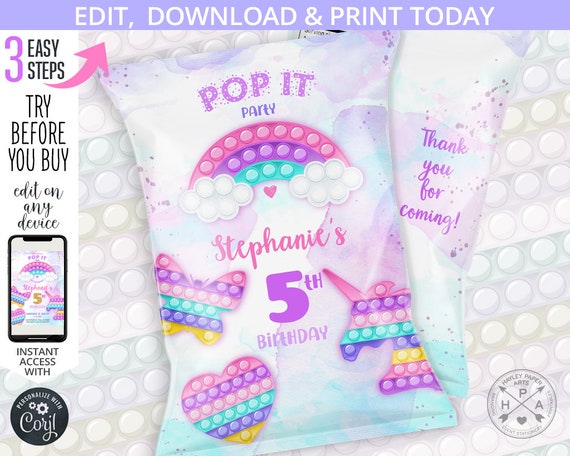 Pop it chips bag, fidget toys chip snacks pouch, wrapper, any age bubble girl unicorn rainbow birthday party editable template. 175HPA 30 B Il_570xn