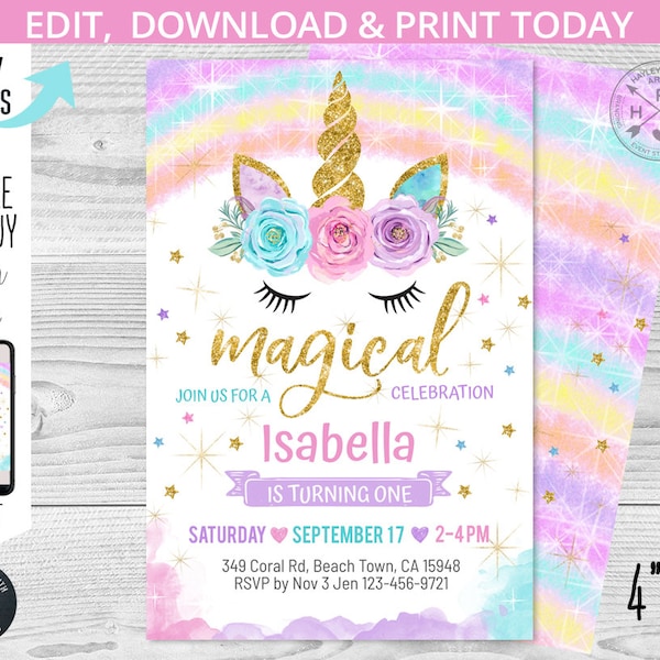 Unicorn magical birthday invitation purple pink rainbow stars gold girl 4x6 magic party invite invitations. Editable printable. 189HPA 02