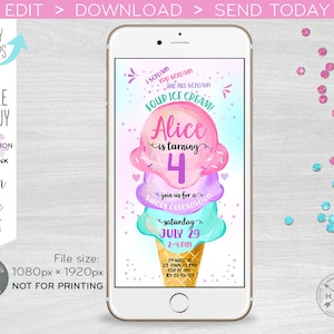 Ice cream I scream electronic fourth 4th birthday invitation four girl scoop party, smartphone e-vite. Selfediting invite. E118 04 118HPA