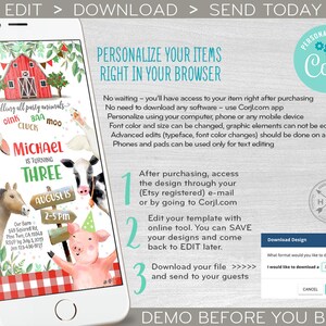 May include: A digital invitation for a farm-themed birthday party. The invitation features a red barn, farm animals, and a sign that says "Michael is turning three". The invitation is customizable using the Corjl.com app.