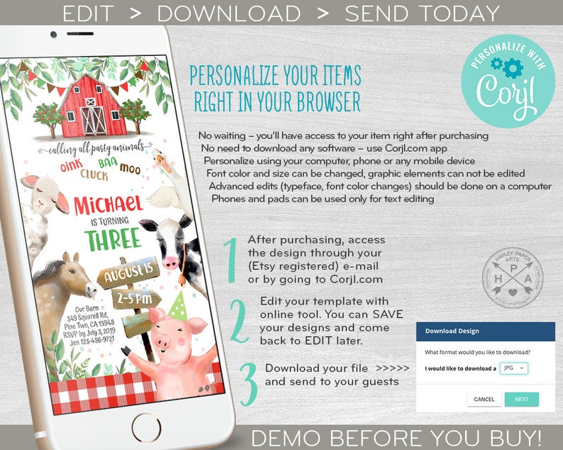 May include: A digital invitation for a farm-themed birthday party. The invitation features a red barn, farm animals, and a sign that says "Michael is turning three". The invitation is customizable using the Corjl.com app.