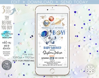 May include: A blue and white baby shower invitation with a cartoon astronaut holding a balloon with planets. The text on the invitation reads "Houston... we have a BOY!" and "Join us for a Baby Shower honoring Stephanie Johnson".