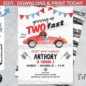 Deux invitations d&#39;anniversaire pour voitures de course vintage rapides, deux fêtes d&#39;anniversaire rapides pour le 2e anniversaire de course dans une voiture rouge. Imprimable modifiable. 211 HPA 02
