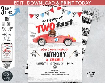 Two fast vintage race car birthday invitation, two fast 2 2nd birthday party racing red car party. Editable printable. 211HPA 02