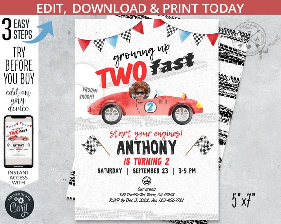 Two fast vintage race car birthday invitation, two fast 2 curious 2nd ...