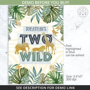May include: A printable jungle-themed birthday party sign with gold glitter accents. The sign says "Johathan's Two Wild" with a giraffe, monkey, lion, and elephant.
