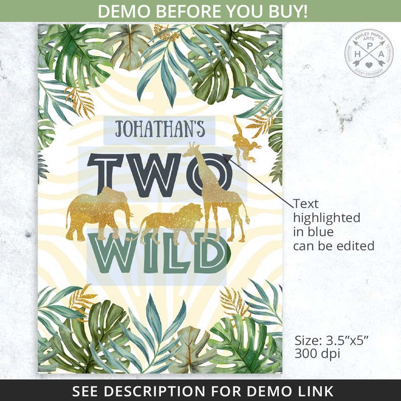May include: A printable jungle-themed birthday party sign with gold glitter accents. The sign says "Johathan's Two Wild" with a giraffe, monkey, lion, and elephant.