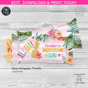 May include: A Rice Krispies Treats wrapper with a tropical theme. The design features pink and white stripes, tropical flowers, and the word "ALOHA!" in colorful letters. The text reads "Penelope's 5th Birthday Luau."