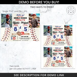 May include: Baseball themed birthday invitation with a red, white, and blue color scheme. The invitation features two baseballs with the numbers 8 and 5, a baseball bat, and a baseball glove. The text on the invitation reads "Batter up! Join us for a Double Header birthday party Oliver is turning 8 & Michael is turning 5".