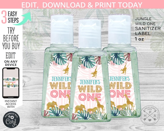 Download Wild One Hand Sanitizer Label Jungle Gold Animals Pink Party Favor Birthday Thank You Gift Trapezoide Sticker Editable Template 041hpa 34 A By Hayleypaperarts Catch My Party