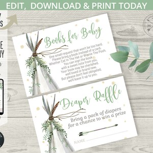 Cartes de demande de livre pour le tirage de couches Boho pour baby shower de TeePee. Plumes de tee pee de flèches de verdure tribales de garçon. Modèle auto-modifiable. 130 HPA A2 B2