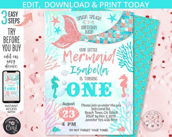 May include: A printable mermaid-themed first birthday party invitation with a pink and blue color scheme. The invitation features a mermaid tail with glitter, a seahorse, and the text "Splish Splash it's a Birthday Bash, Our Little Mermaid Isabella is Turning One, August 23, 4 PM, Please join us under the sea, 349 Coral Rd, Beach Town, CA 15948, RSVP by Nov 3, 2019, Jennifer 123-456-9721, Do Not Forget Your Towel".