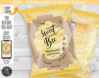 May include: A yellow and brown chip bag with a watercolor design of honeycombs and bees. The text "Sweet as Can Bee" is printed on the bag, along with the words "Stephanie's Baby Shower" and "Thank You for Coming".
