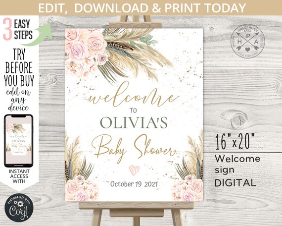 Pumpkin pampas grass welcome sign baby shower dried palms beige boho pink roses gold 16x20 poster. Self editable template. 167HPA 16 A Il_570xn