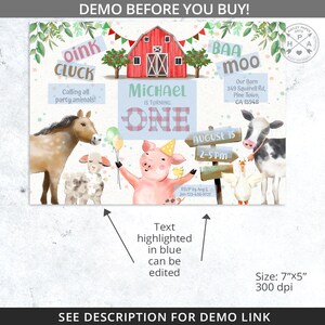 May include: A printable invitation for a farm-themed first birthday party. The invitation features a pig, a cow, a horse, a lamb, and a goose. The text on the invitation reads "oink cluck", "baa moo", "Michael is turning one", "August 15, 2-5 pm", and "Our Barn, 349 Squarell Rd, Pine Town, CA 15948".