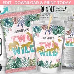 BUNDLE Jungle girl Two Wild chips bag, juice bags, safari water bottle labels, treat pouch pink second birthday. Online template. 041HPA 42