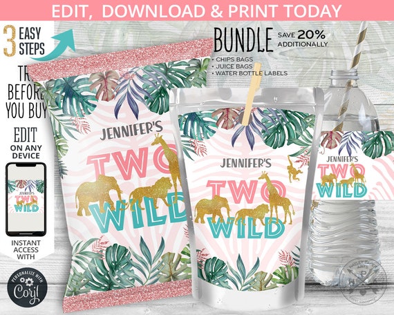 BUNDLE Jungle girl Two Wild chips bag, juice bags, safari water bottle labels, treat pouch pink second birthday. Online template. 041HPA 42 Il_570xn