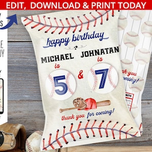 Baseball Chips Tasche Geschwister gemeinsame Geburtstag Partybevorzugung, Doppel-Party-Container für Party-Snacks Sport. Bearbeitbar druckbar. 191HPA 30 E