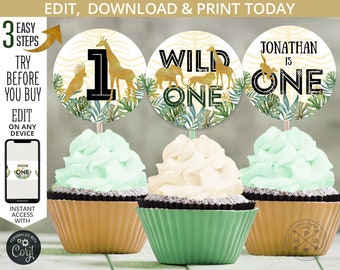 EDITABLE Jungle cupcake toppers wild one gold animals tropical safari first boy birthday. Instant access to the template. 040HPA 18 A