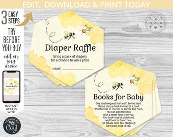 Bee themed diaper raffle and book request cards. What will baby bee reveal shower. Little honey bumble bee. Editable printables. 049HPA A