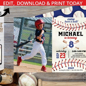 Invito di compleanno a tema baseball, blu navy e rosso, per una festa di compleanno con foto, gioco di baseball con palla da baseball. Modello di biglietto modificabile. 191HPA 10