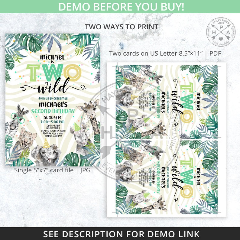 May include: Two-sided invitation design for a second birthday party. The design features the text "Michael is Two Wild" with jungle animal illustrations and tropical foliage. The invitation is available as a single 5"x7" card file or two cards on US Letter 8.5"x11" PDF.