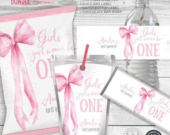 Coquette pink bow 1st birthday bundle, girls wanna be ONE, whimsical chips bag juice water bottle labels Editable printables. 270HPA 41