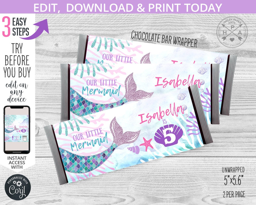 Mermaid Chocolate Bar Wrapper Birthday Celebration Candy Label Glitter ...