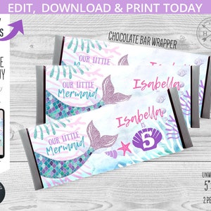 Mermaid Chocolate Bar Wrapper Birthday Celebration Candy Label Glitter ...