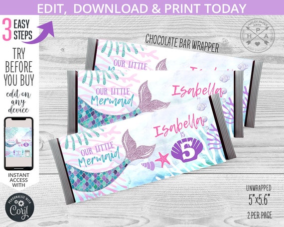 Mermaid chocolate bar wrapper birthday celebration candy label glitter tail party any age. Editable template. Instant download. 060HPA 16 A Il_570xn