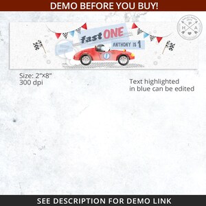 Pu&ograve; includere: Un design banner con un'auto da corsa rossa, bandiere a scacchi e il testo "fast ONE, Anthony is 1." Il banner include il testo "DEMO BEFORE YOU BUY!" e "SEE DESCRIPTION FOR DEMO LINK."