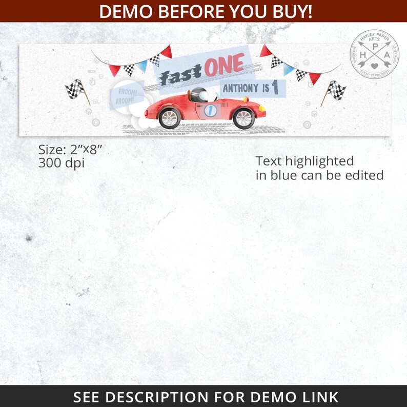 Pu&ograve; includere: Un design banner con un'auto da corsa rossa, bandiere a scacchi e il testo "fast ONE, Anthony is 1." Il banner include il testo "DEMO BEFORE YOU BUY!" e "SEE DESCRIPTION FOR DEMO LINK."