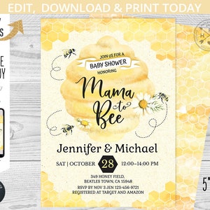 May include: A baby shower invitation with a bee theme. The design features a large, yellow beehive with the words "Mama to Bee" in elegant script. The invitation includes details for Jennifer & Michael's baby shower, with a date, time, and location. The invitation is 5"x7".